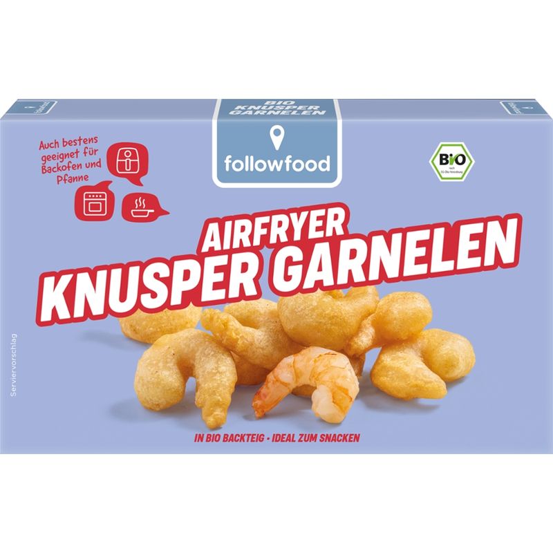 followfood Bio Garnelen, geschält, entdarmt, in Bio Backteig, vorfrittiert, tiefgekühlt. - Produktbild