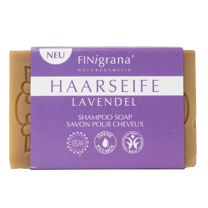FINigrana® Naturkosmetik FINigrana Haarseife, LAVENDEL aus 5 wertvollen, verseiften Pflanzenölen, mit rein ätherischem Lavendelöl 100g,  zur milden Reinigung von Haar & der empfindlichen Kopfhaut, fein-herbe Duftkomposition Lorbeer-Lavendel, mit antispetischen Eigenschaften - Produktbild