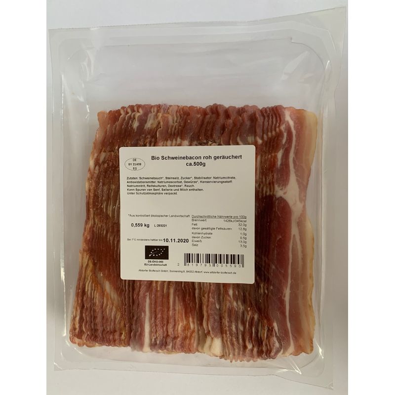 Altdorfer Biofleisch Bio Schweinebacon geschnitten ca. 500g roh geräuchert - Produktbild