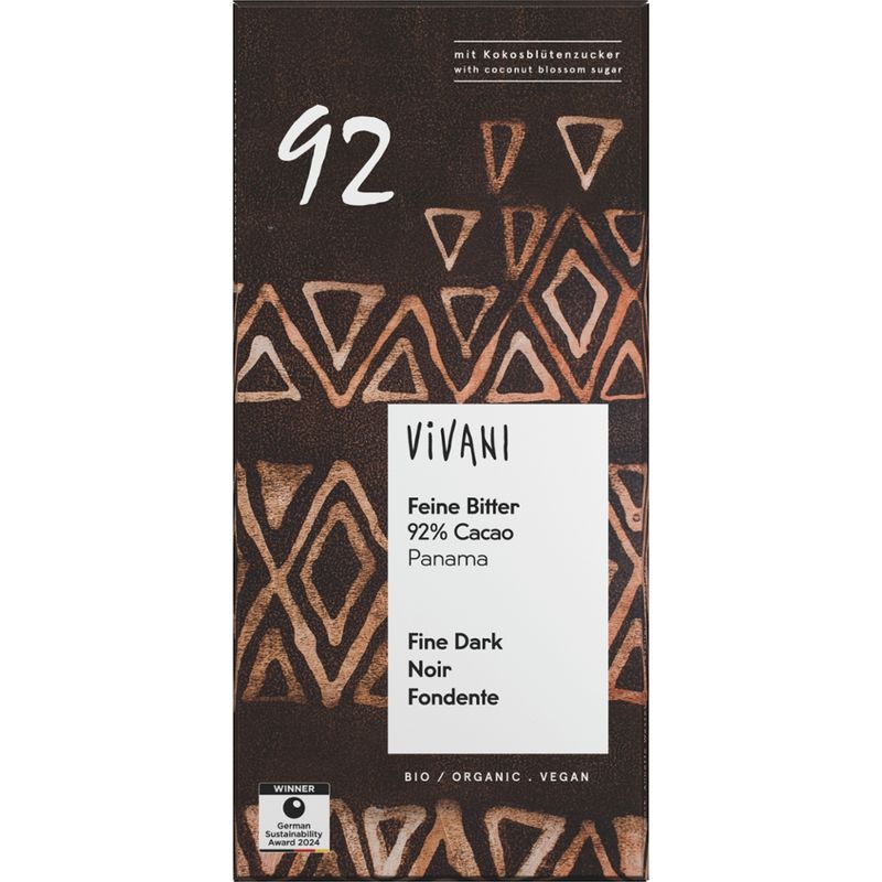 Vivani Feine Bitter Schokolade 92 % Cacao Panama mit Kokosblütenzucker - Produktbild