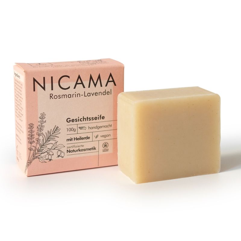 NICAMA NICAMA zertifizierte Bio-Seife Gesichts-Seife Lavendel-Rosmarin mit Wildrosenöl & Heilerde 100 g - Produktbild