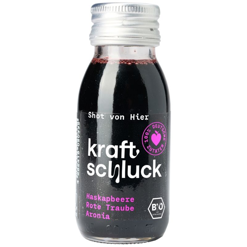 kraftschluck roter Shot, HASKAPBEERE,  ROTE TRAUBE,  ARONIA, bio - Produktbild