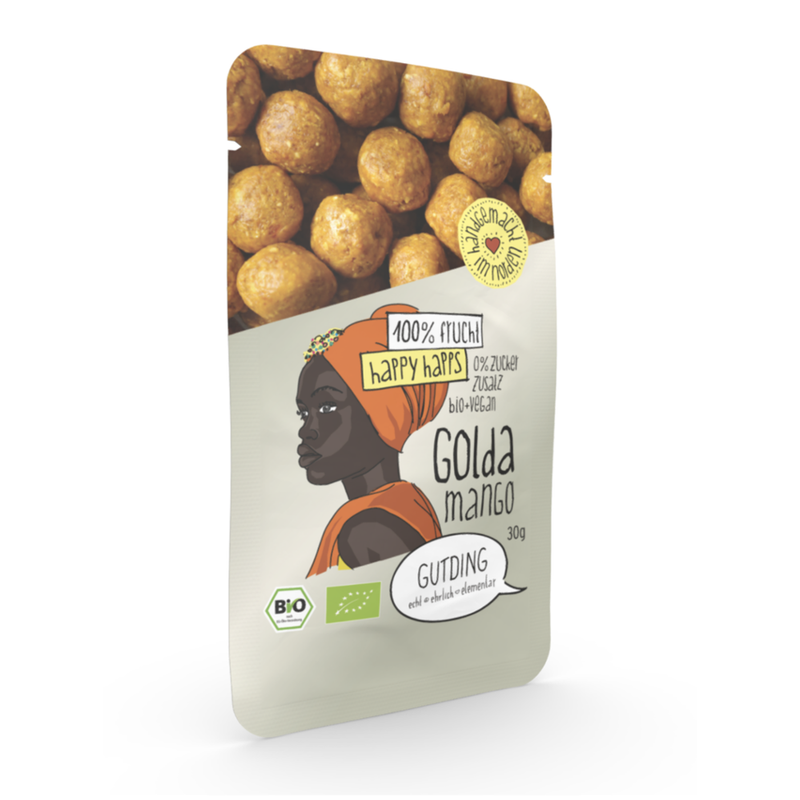 GUTDING Golda - Happy Happs Mango pur - 100% Frucht, 0% Zuckerzusatz - bio, vegan, glutenfrei - im PP-Tütches. Golda: ein weiches, natürliches Kaubonbon. - Produktbild