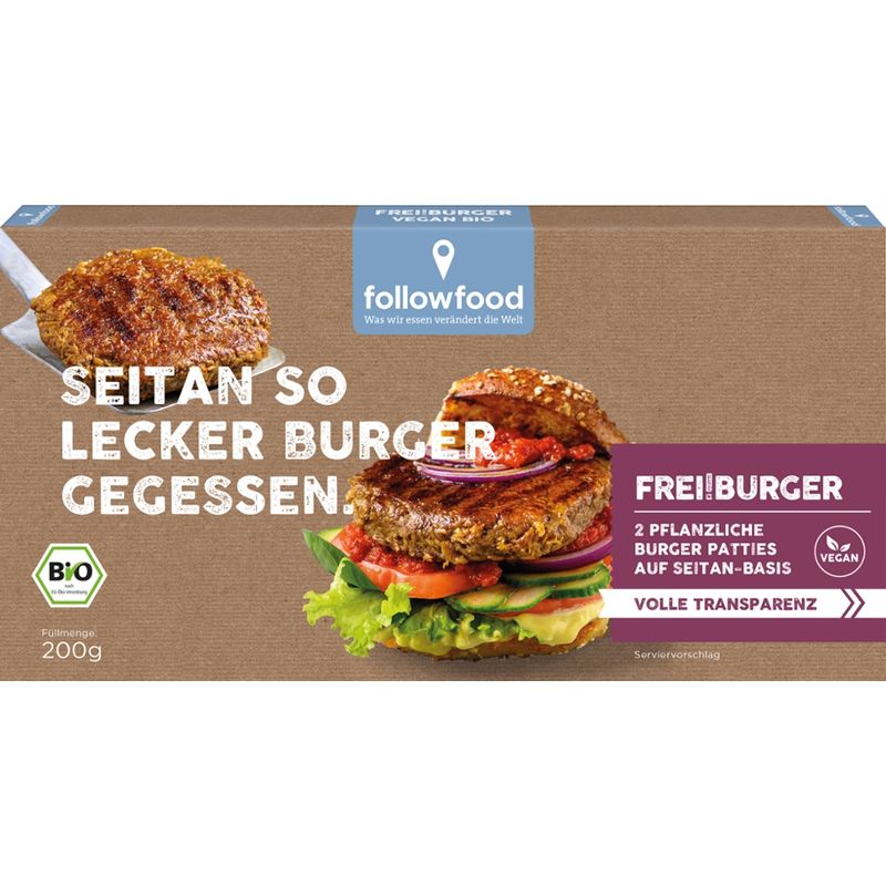 followfood FREI!BURGER Bio Vegan 2 Vegane Seitan Bratlinge, tiefgekühlt. - Produktbild