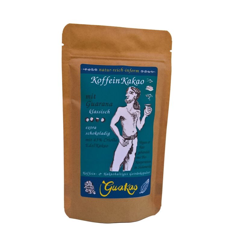 GuaKao GuaKao klassisch - der KoffeinKakao mit 14% koffeingebendem Guarana. Der klassische KoffeinMix auf Guaranabasis, dezent gesüßt und mit einer Prise Meersalz vollendet. Das Getränkepulver mit schwach entöltem Criollo-Edelkakao aus Atalaya in Peru. - Produktbild