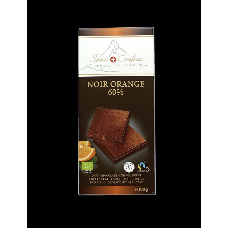Swiss Confisa Swiss Confisa Dunkel mit Orange 60% Bio/Fairtrade 100g Flachtafel - Produktbild