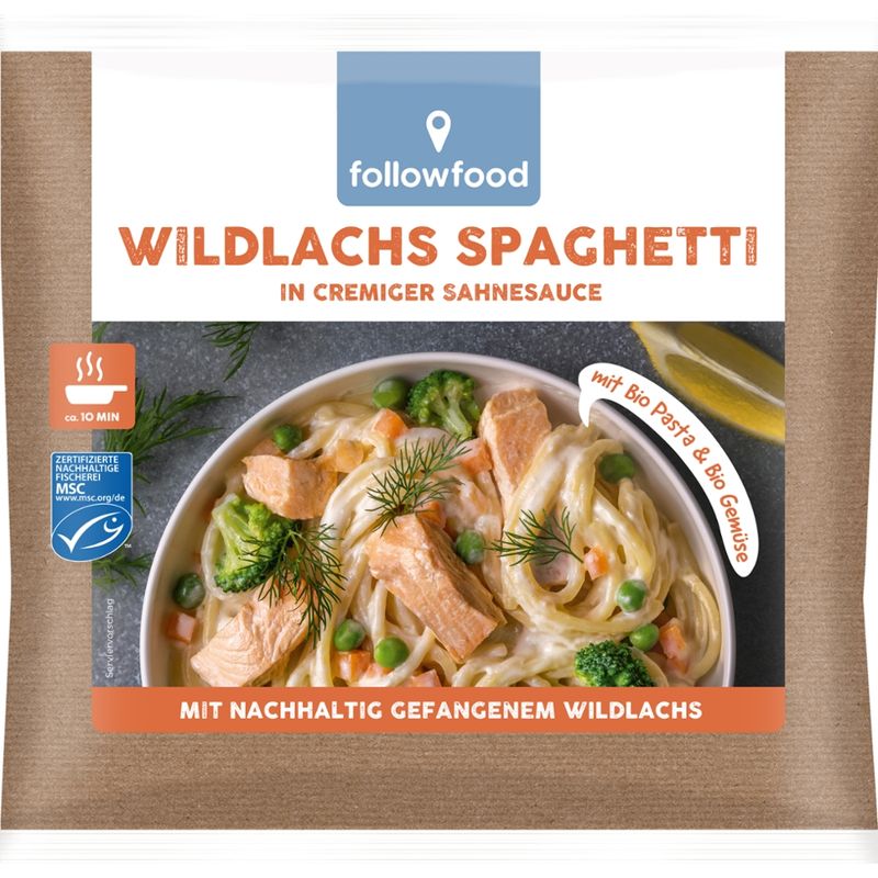 followfood MSC Wildlachs Spaghetti in cremiger Sahnesauce mit Bio Pasta & Bio Gemüse und nachhaltig gefangenem Wildlachs - Produktbild