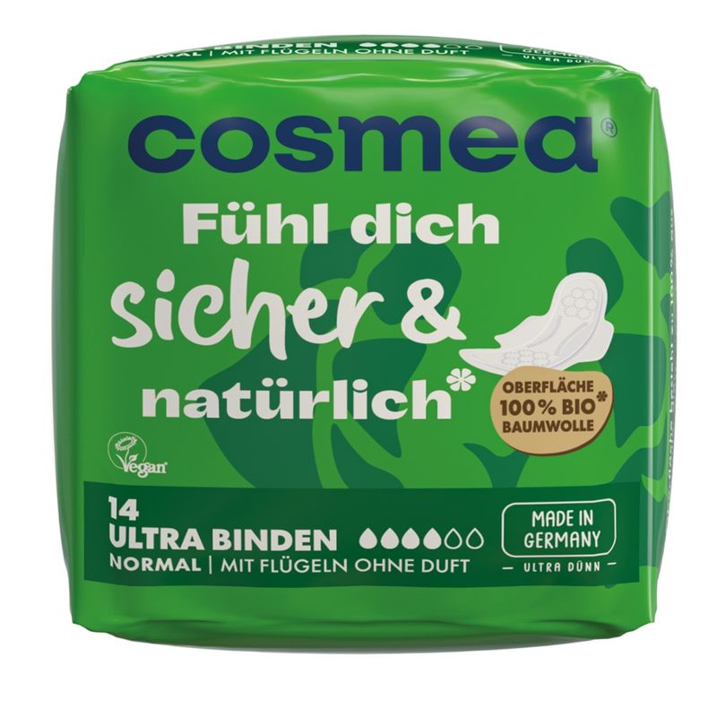 COSMEA®  cosmea® Ultra Binden Bio Baumwoll-Oberfläche Normal mit Flügeln, 14 Stück - Produktbild