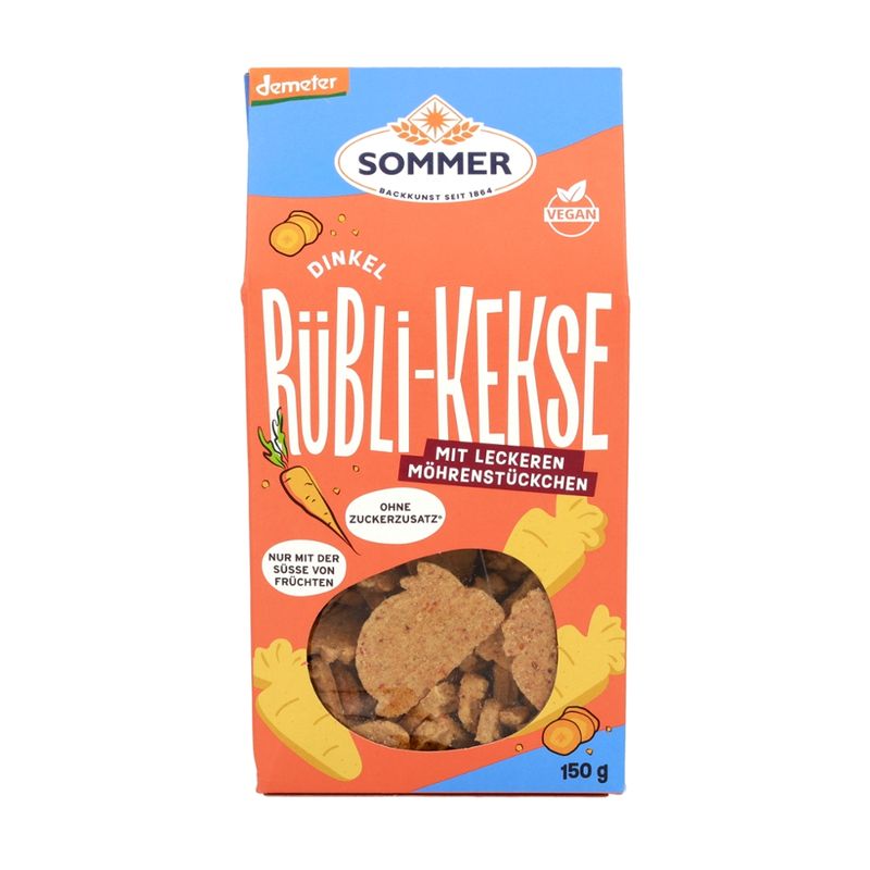 SOMMER BACKKUNST SEIT 1864 Demeter Dinkel Rübli-Kekse mit leckeren Möhrenstückchen, vegan - Produktbild