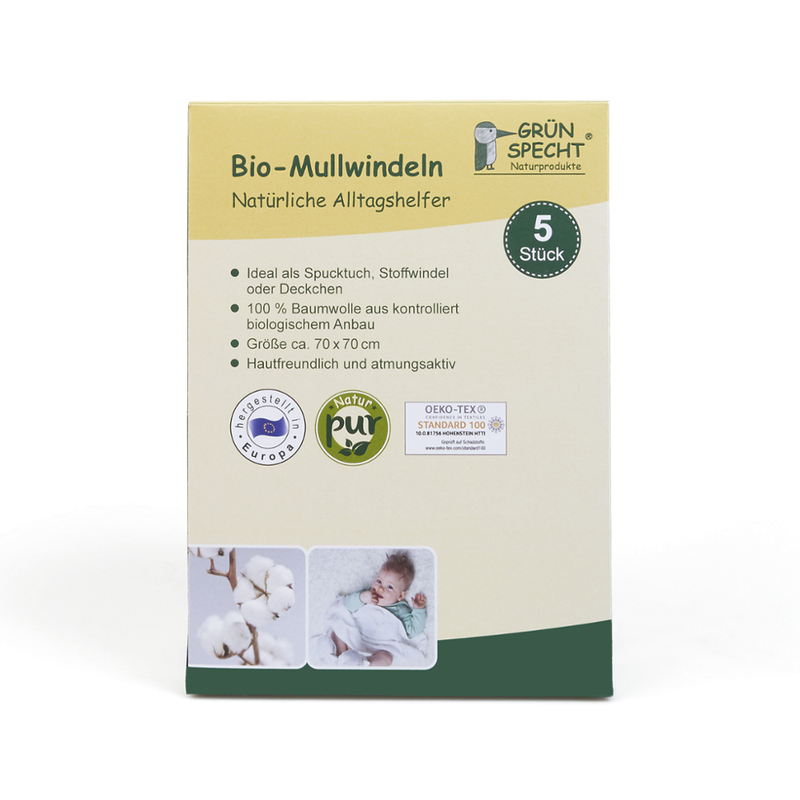 GRÜNSPECHT Naturprodukte Bio-Mullwindeln weiß 5 er Pack, 70x70 cm, 100 % Baumwolle (kbA), Oekotex 100 zertifiziert, hergestellt in Europa, in Faltschachtel aus Papier - Produktbild