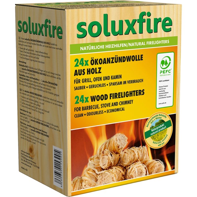 soluxfire  soluxfire Ökoanzündwolle 24 er - für Grill, Ofen und Kamin - sauber, geruchslos, sparsam im Verbrauch - Europäische Produktion - 4 sprachige Faltschachtel - Produktbild