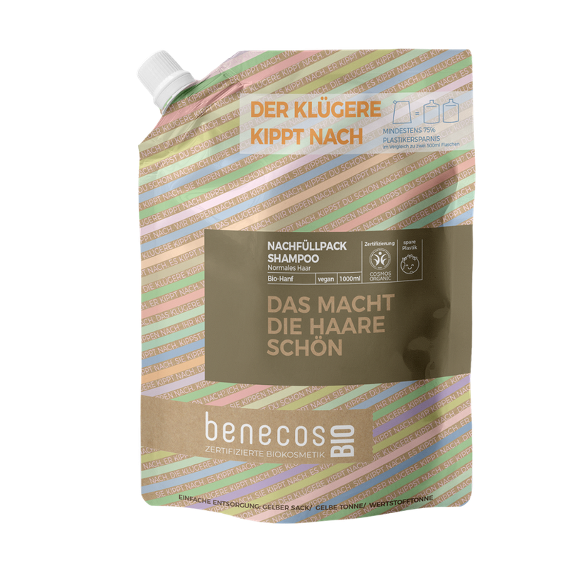 benecos benecosBIO Nachfüllbeutel 1000 ml Shampoo Normales Haar BIO-Hanf - DAS MACHT DIE HAARE SCHÖN - Produktbild