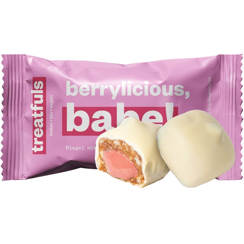 treatfuls BIO-RIEGEL MIT MANDEL, MIT CASHEW-HIMBEER FÜLLUNG UND WEIßEM KAKAOBUTTERHALTIGEM ÜBERZUG. MIT SÜßUNGSMITTEL (2X20G). - Produktbild