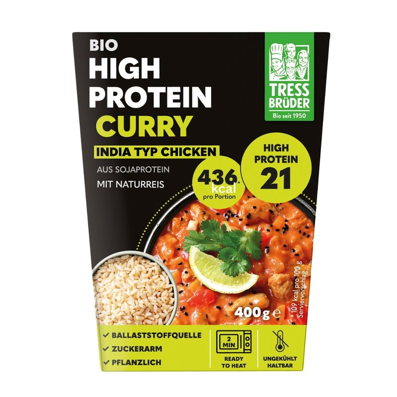 Tress Brüder High Protein Curry India Typ Chicken aus Sojaprotein mit Naturreis - Produktbild