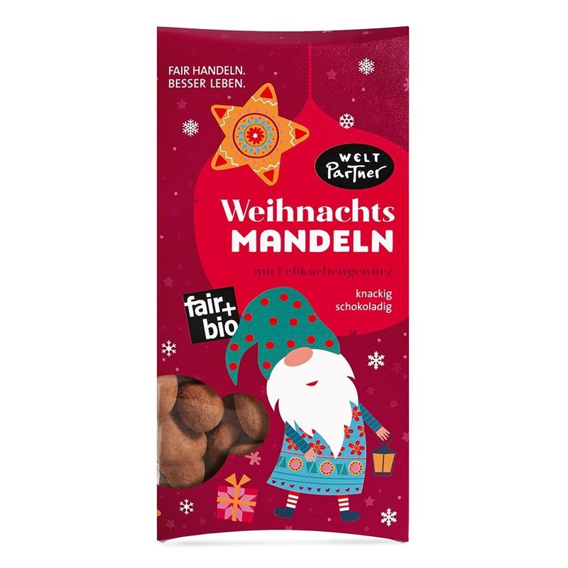 WeltPartner Weihnachtsmandeln, geröstete Mandeln mit Lebkuchenmilchschokolade - Produktbild