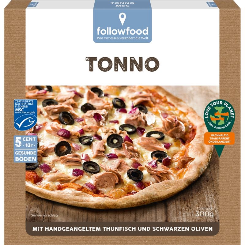 followfood Pizza belegt mit Tomatenpüree, handgeangeltem Thunfisch, Mozzarella, roten Zwiebeln und schwarzen Oliven, tiefgekühlt. - Produktbild