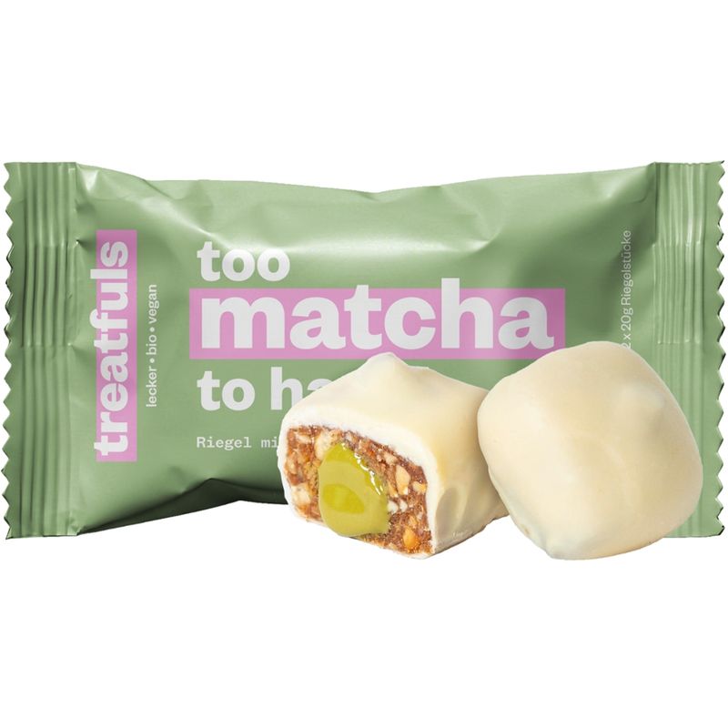 treatfuls BIO-RIEGEL MIT CASHEW-MATCHA FÜLLUNG UND WEIßEM KAKAOBUTTERHALTIGEM ÜBERZUG MIT SÜBUNGSMITTEL - Produktbild