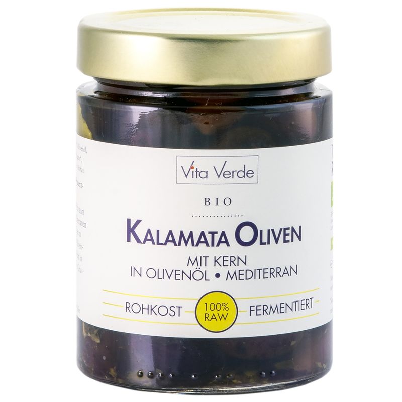 Vita Verde Kalamata Oliven mit Kern in Olivenöl 330 g in 100 % Rohkostqualität - Produktbild