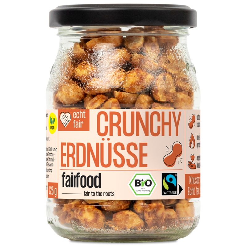 fairfood Freiburg Crunchy Erdnüsse süß-pikant geröstet (125g, Pfandglas klein, Bio & Fairtrade) - Produktbild