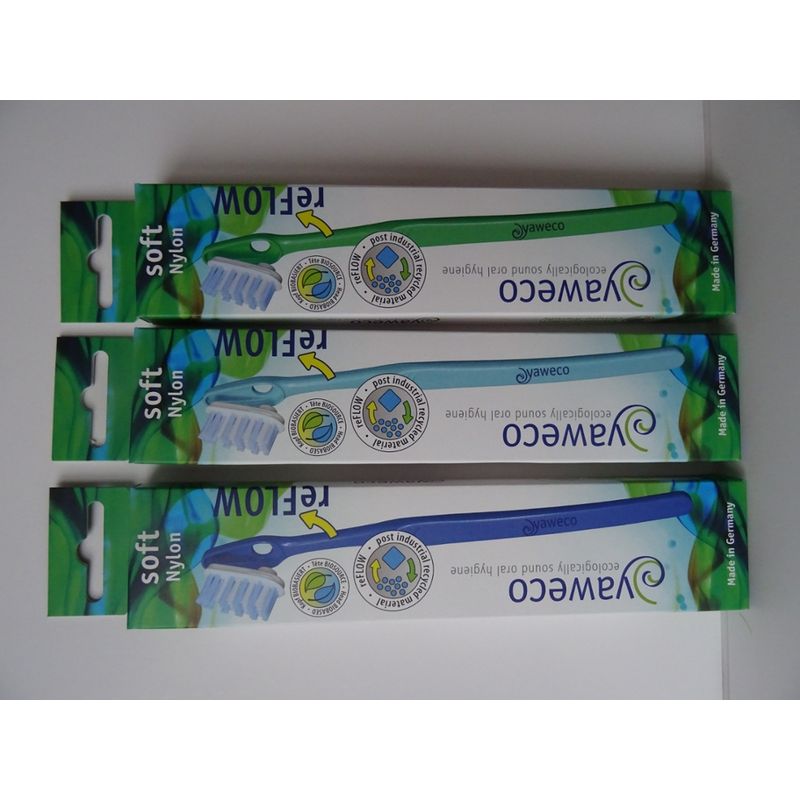 yaweco Wechselkopfzahnbürste reFLOW, soft, aus post industriellem Recyclat (nach Produktion recyceltes PP), Griffe farblich sortiert: blau, mint, grün. - Produktbild