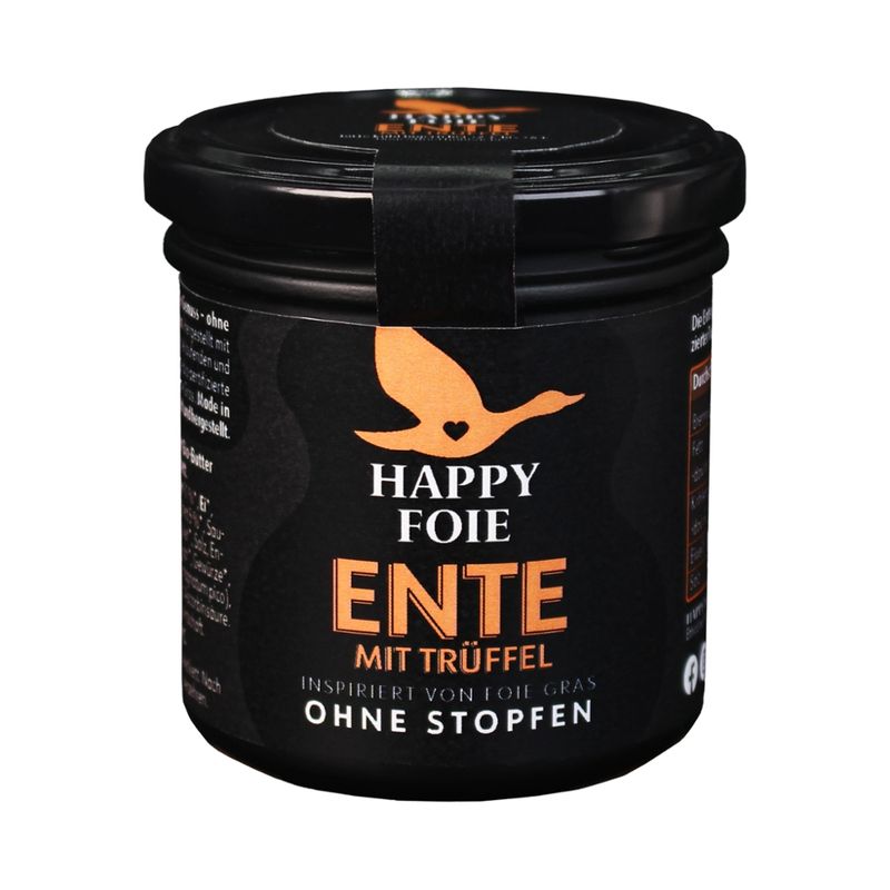 Happy Foie Happy Foie - Variante Ente mit weißem italienischem Trüffel, bio ; Hergestellt mit großer Sorgfalt und der Leber von freilaufenden Tieren ist Happy Foie die bio-zertifizierte Alternative zu konventioneller Foie Gras. Ohne Stopfen und mit gutem Gewissen. - Produktbild