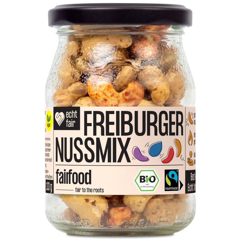 fairfood Freiburg Freiburger Nussmix geröstet & bunt gewürzt (133g, Pfandglas klein, Bio) - Produktbild