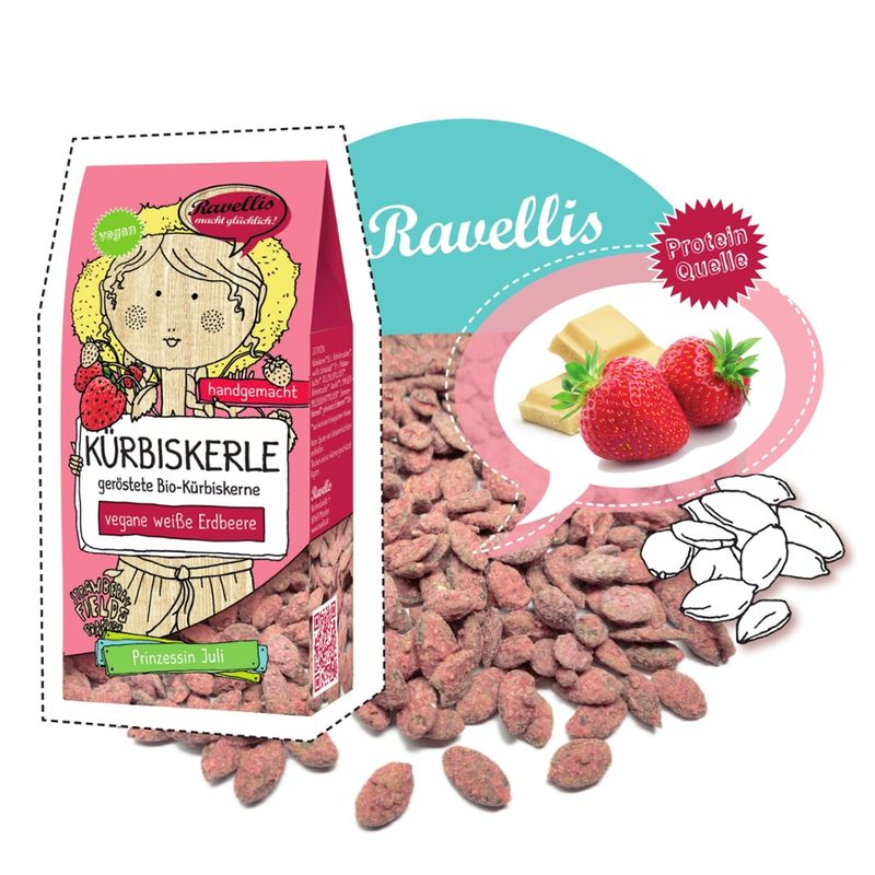 Ravellis "PRINZESSIN JULI" Geröstete Bio-Kürbiskerne veredelt mit veganer weißer & Erdbeere - Produktbild
