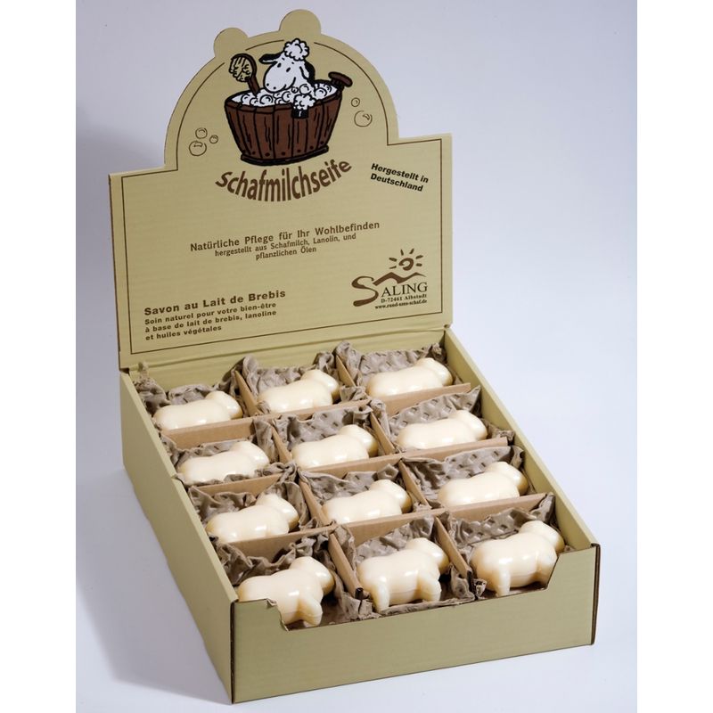 Saling Schafmilchseife Schaf natur im Verkaufsdisplay mit Papiertütchen, cosmos organic zertifiziert - Produktbild