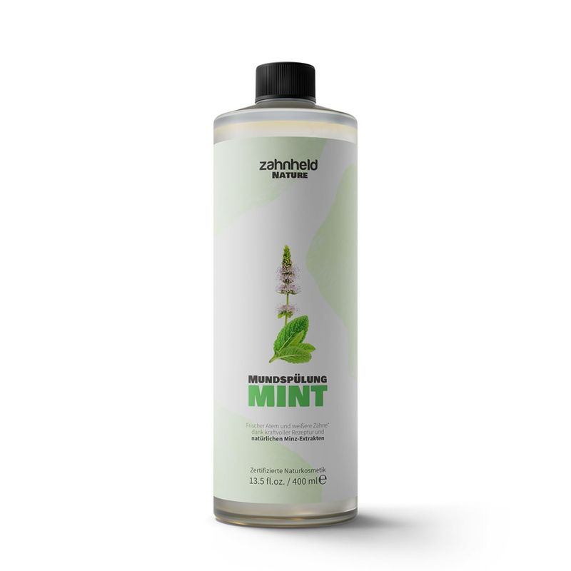 zahnheld Mundspülung MINT – mit natürlichem Krauseminzextrakt für frischen Atem ohne Schärfe, verbesserte Textur für optimale Schaumbildung, erfrischend durch Menthol & Stevia, fluoridhaltig, hilft Plaque zu reduzieren & unterstützt gesunde Mundhygiene. - Produktbild