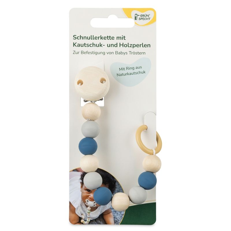 GRÜNSPECHT Naturprodukte Schnullerkette mit Kautschuk- und Holzperlen, Winter, zur Befestigung von Babys Tröstern wie Schnuller, Rassel oder Beißring. - Produktbild