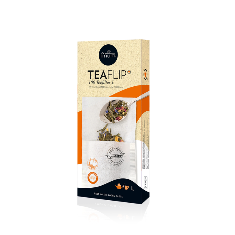 finum TEAFLIP 100 TEA FILTERS size L, biologisch abbaubar, mit praktischer Einfülllasche zum einfachen Befüllen. - Produktbild
