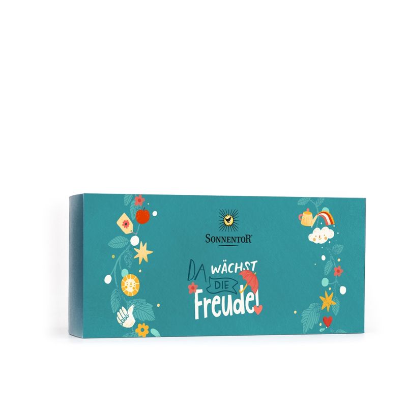 Sonnentor Geschenkkarton leer Da wächst die Freude, rechteckig 31x14x6 cm (türkis) - Produktbild