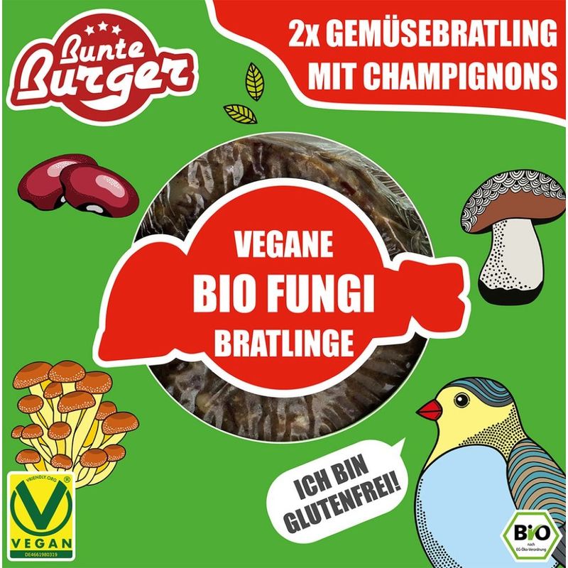 Bunte Burger Bio Bratling Fungi Vegan 2x80g - Gemüse Bratling mit Champignons & Kidneybohne - Produktbild