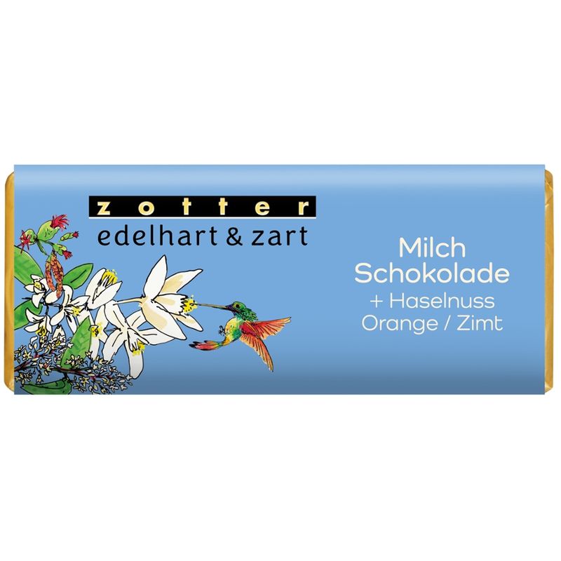 Zotter Schokolade edelhart & zart Milchschokolade + Haselnuss / Orange / Zimt - Produktbild