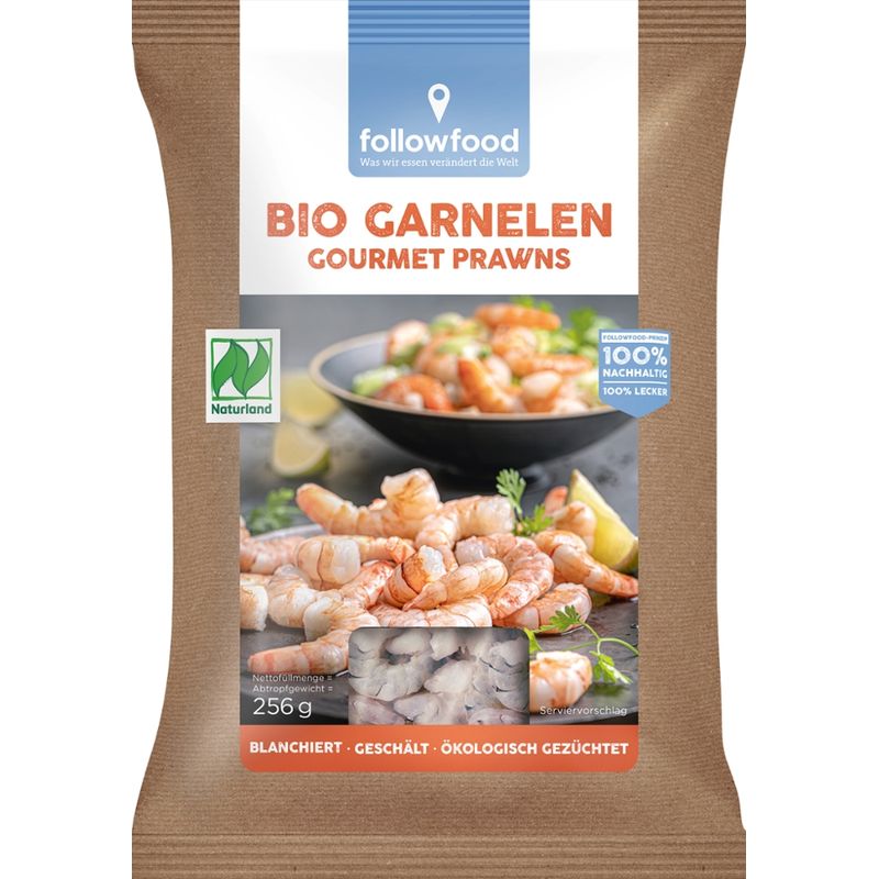 followfood Bio Gourmet Prawns, ohne Kopf, geschält, blanchiert, tiefgekühlt mit Wasserschutzglasur. - Produktbild