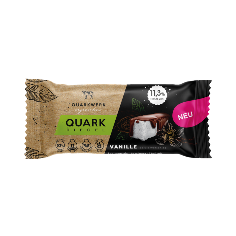 QUARKWERK BIO Riegel aus Speisequarkzubereitung mit Vanillegeschmack umhüllt mit kakaohaltiger Fettglasur - Produktbild