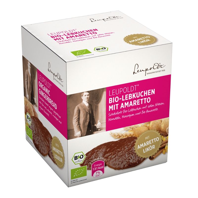 Leupoldt Feine Bio-Oblatenlebkuchen mit 17% Amaretto (20% vol.). Überzogen mit 14% edelherber Schokolade - Produktbild