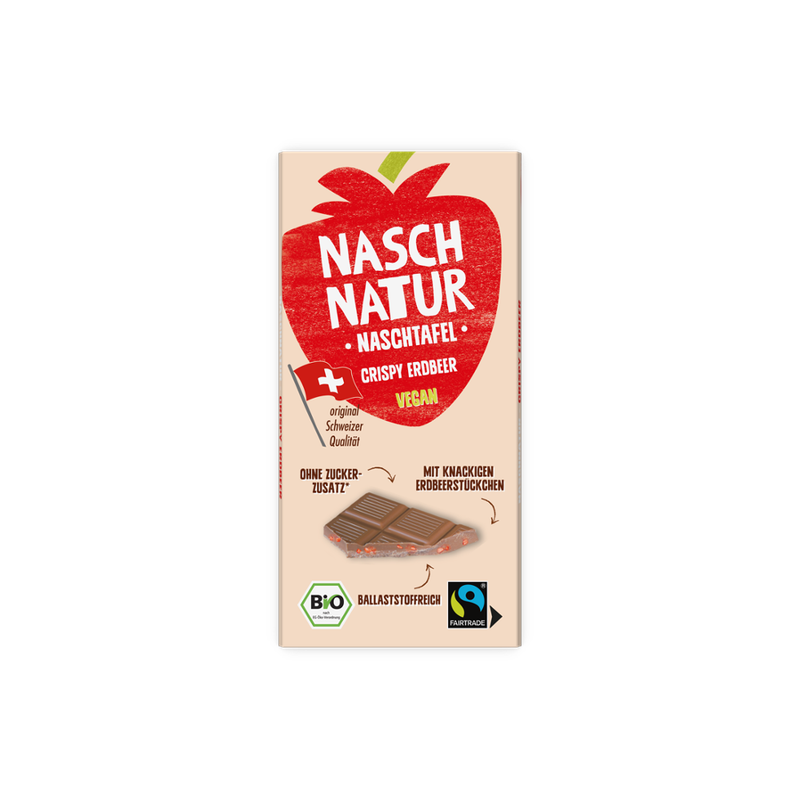 NaschNatur NaschTafel Crispy Erdbeer - zart schmelzende Schokolade ohne Zuckerzusatz mit Erdbeer Stückchen - Produktbild