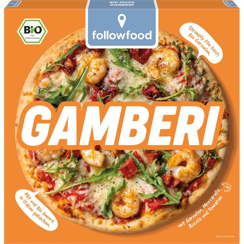 followfood Bio Pizza Gamberi,  belegt mit Tomatenpüree, Garnelen (Litopenaeus vannamei), Mozzarella, würzigem Rucola und marinierten Tomaten, tiefgekühlt, 293g - Produktbild