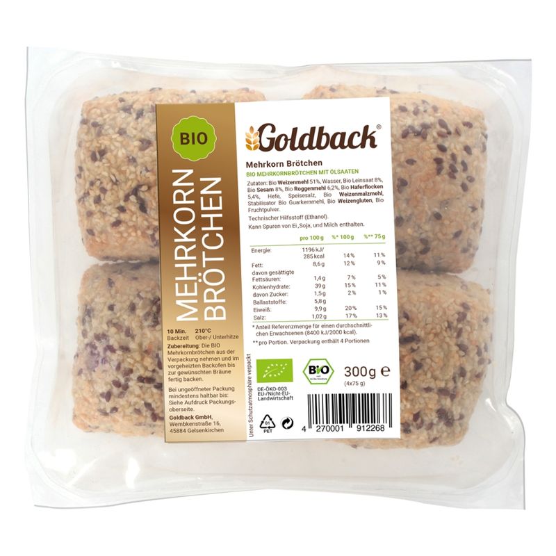 Goldback Bio Mehrkornbrötchen 4er (300g) (Bio Mehrkornbrötchen mit Ölsaaten) - Produktbild