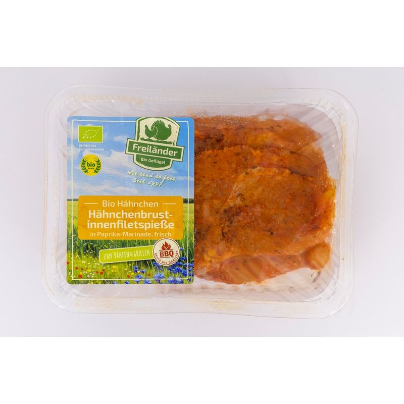 Freiländer Bio Geflügel Bio Hähnchenbrustinnenfiletspieß, frisch, mariniert, MAP-Schale - Produktbild