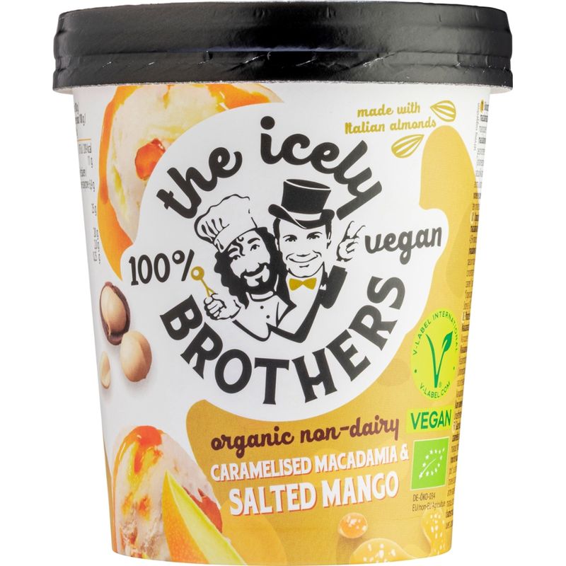 The Icely Brothers The Icely Brothers - Vegan BIO-Eis/Vegan Organic Ice Cream: Karamellisierte Macadamia und gesalzene Mango 460ml - Produktbild