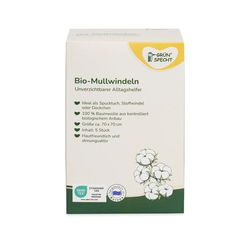 GRÜNSPECHT Naturprodukte Bio-Mullwindeln weiß 5 er Pack, 70x70 cm, 100 % Baumwolle (kbA), Oekotex 100 zertifiziert, hergestellt in Europa, in Faltschachtel aus Papier - Produktbild