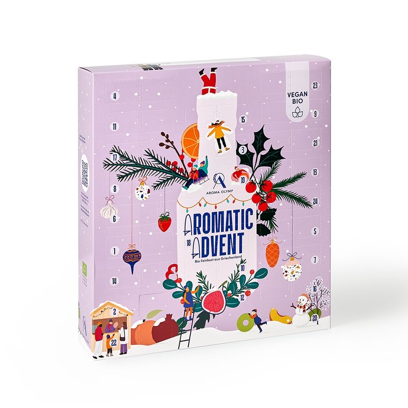 Aroma Olymp Aroma Olymp Bio Feinkost Adventskalender vegan, enthält 14 x Balsamico-Kreationen, 2x Fruchtsirup, 8x Kräuter- und Gewürz-Spezialitäten - Produktbild