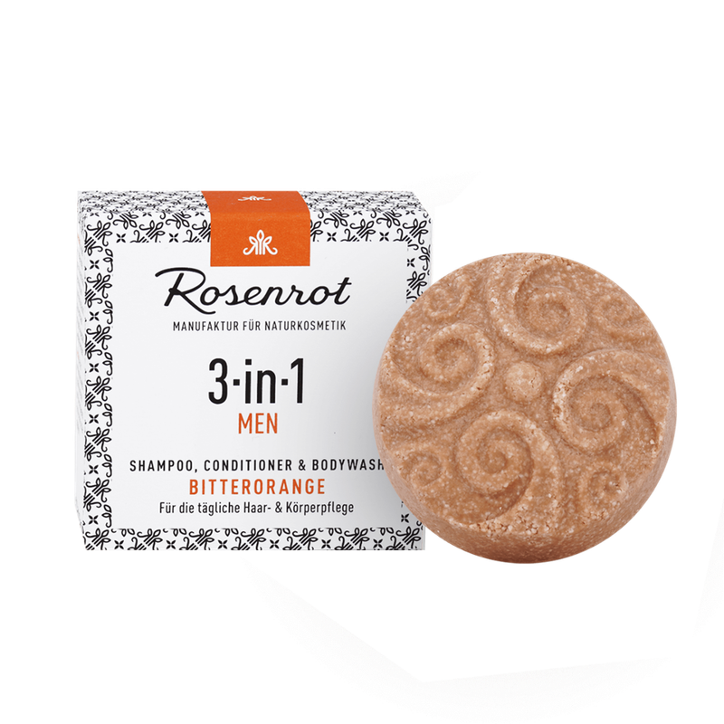 Rosenrot Naturkosmetik ShampooBit® MEN 3-in-1 Bitterorange - 60g - in Schachtel - Mit sanftreinigender Heilkreide, pflegendem Bio-Arganöl und fruchtig-herbem Duft. - Produktbild