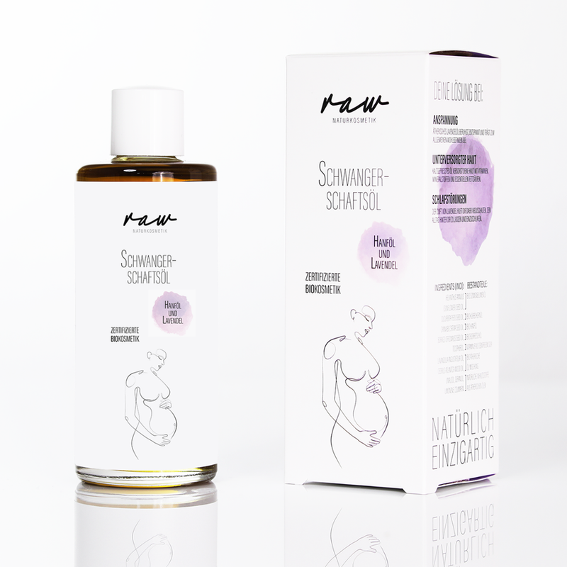 raw Naturkosmetik Bio Schwangerschaftsöl Lavendel mit Hanföl, beruhigt bei Anspannung und hilft effektiv gegen Dehnungsstreifen, klimaneutral, vegan und zertifizierte Bio Kosmetik. Der Ideale Begleiter durch die Schwangerschaft. - Produktbild