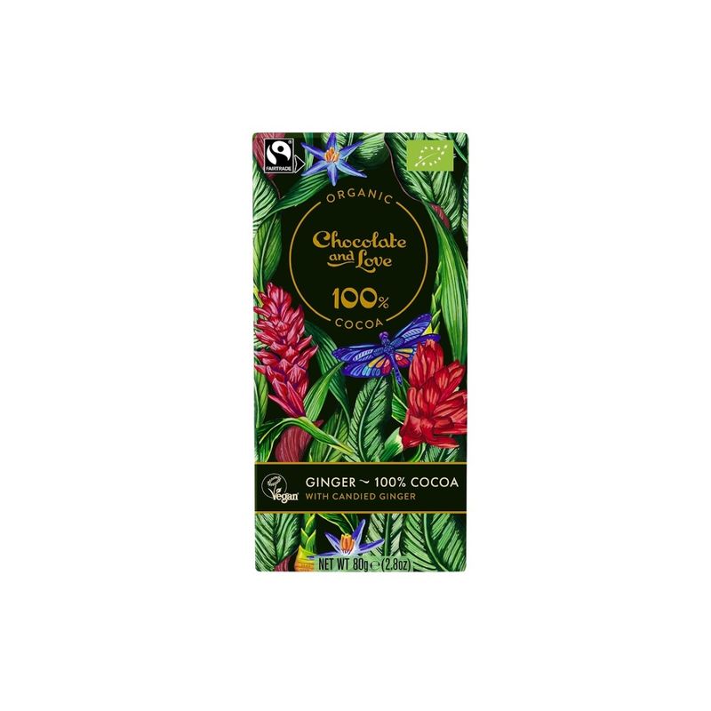 Chocolate and Love Limited Ginger - 80g bar - Organic/Fairtrade Cocoa with Candied Ginger - 100% cocoa - Produktbild