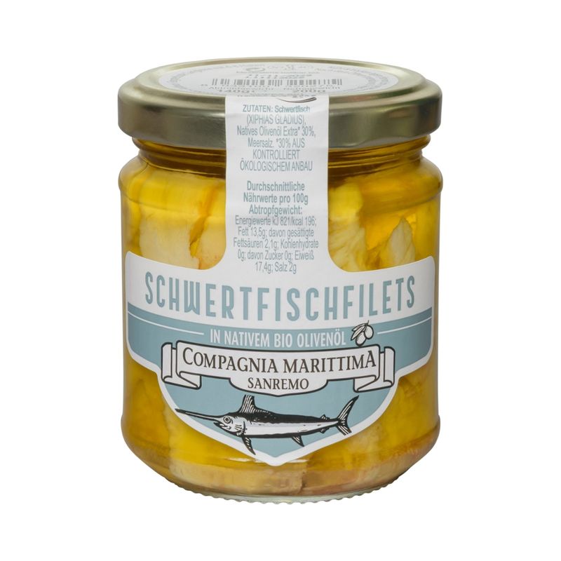 Compagnia Marittima Sanremo  Schwertfisch-Filets am Stück - handgelegt & schonend gegart - in nativem Bio-Olivenöl - Produktbild