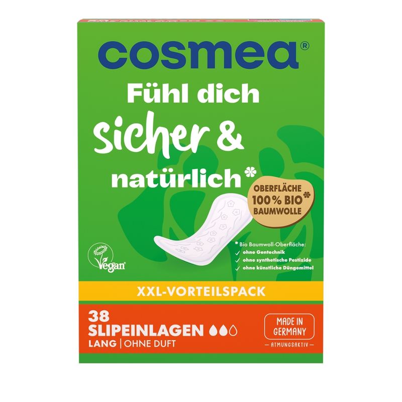 COSMEA®  cosmea® Slipeinlagen Bio Baumwoll-Oberfläche Lang, ohne Duft, 38 Stück XXL Vorteilspack - Produktbild