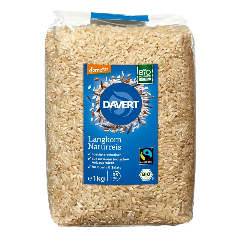 Davert demeter Langkorn Naturreis, Vollkorn Spitzenreis Fairtrade 1kg - Produktbild